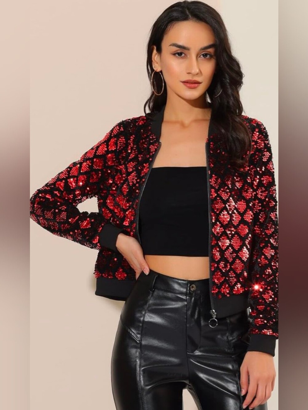 Allegra K Ladies' Cropped Red Sequins Bomber Jacket